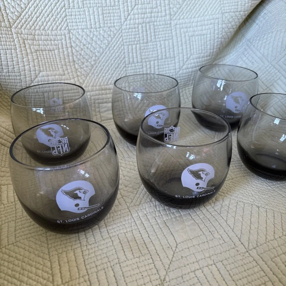 1970's NFL Vintage Set Of 6 St. Louis Cardinals Smoked Whiskey Low Ball Glasses